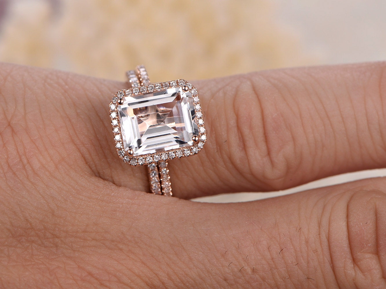 8x10mm Emerald Cut White Topaz Engagement Ring Set 2pcs 14K Rose Gold Diamond Halo | Thin Matching Band