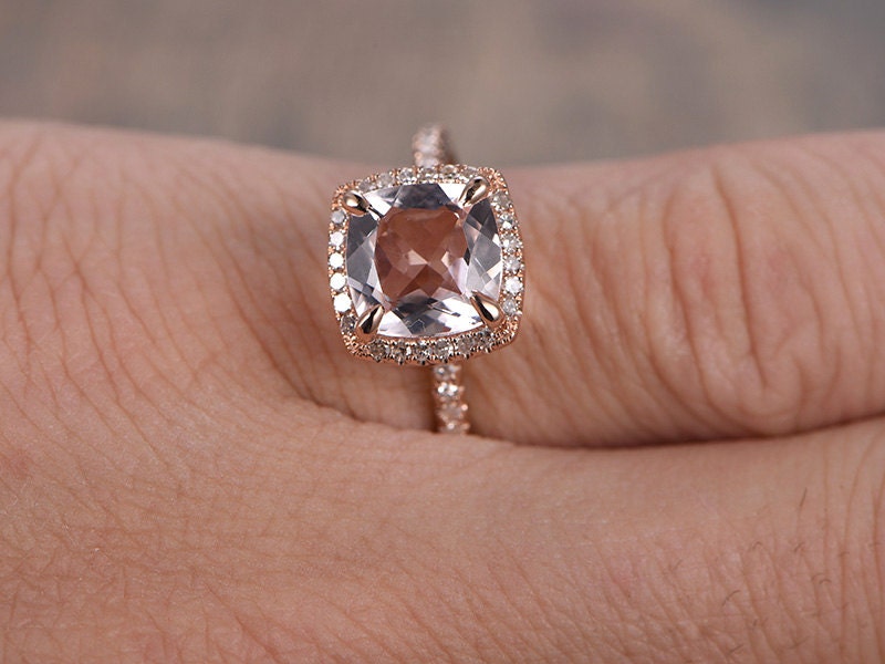 Bague de fiançailles en morganite, or rose, alliance en diamants, pierre précieuse coussin, bague de promesse, halo 8 mm, or massif 14 carats