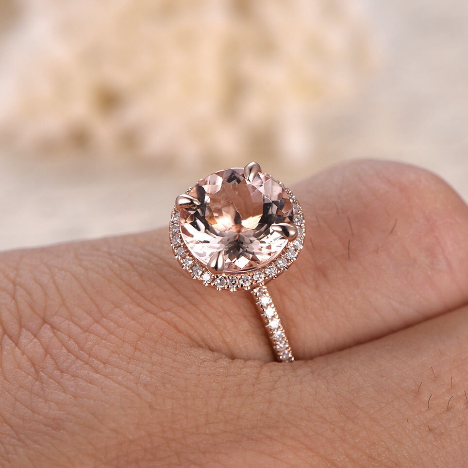 Bague de fiançailles en or rose 14 carats avec morganite et diamants, alliance sertie d'un halo de diamants, bague de fiançailles avec morganite ronde de 9 mm, bague de promesse de mariage