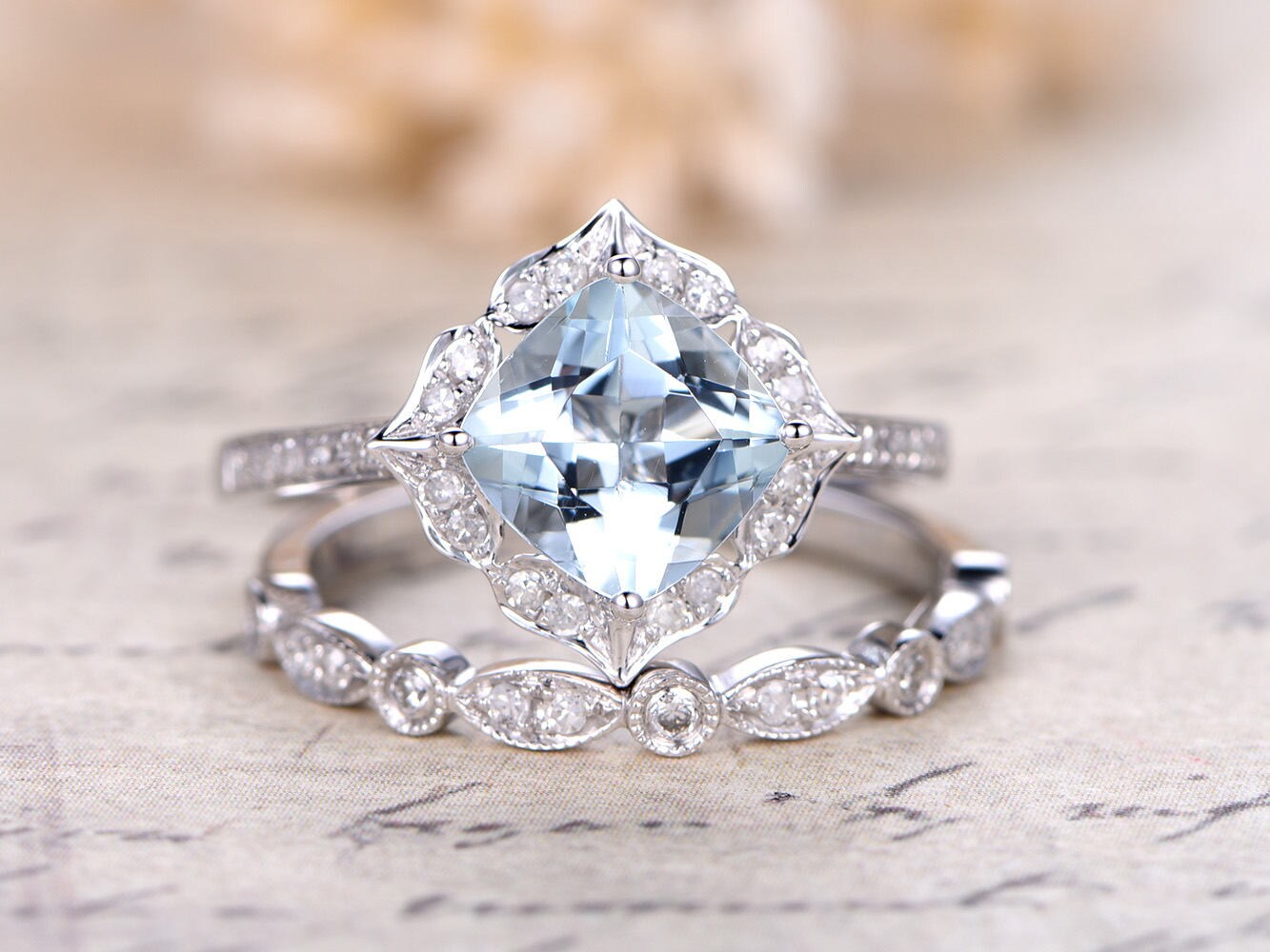 7mm-cushion-cut-aquamarine-engagement-ring-set-2pcs-vintage-floral-14k-white-gold-diamond-halo-art-deco-matching-band