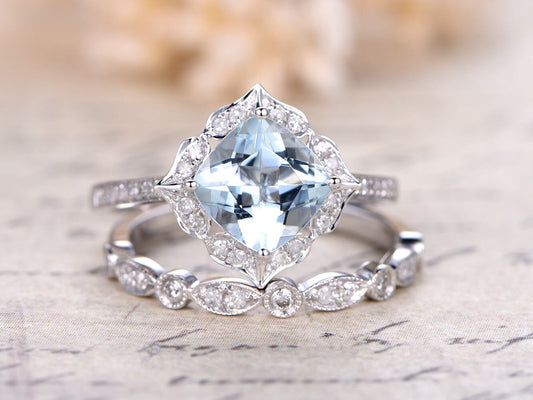 7mm-cushion-cut-aquamarine-engagement-ring-set-2pcs-vintage-floral-14k-white-gold-diamond-halo-art-deco-matching-band