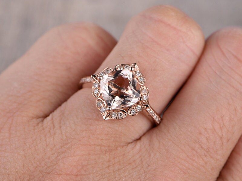 Кольцо с розовым морганитом, обручальное кольцо из розового золота 14K с бриллиантами, помолвочное кольцо с морганитом огранки «подушка» 7 мм, кольцо-обещание, кольцо на годовщину свадьбы.