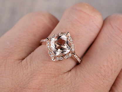 Кольцо с розовым морганитом, обручальное кольцо из розового золота 14K с бриллиантами, помолвочное кольцо с морганитом огранки «подушка» 7 мм, кольцо-обещание, кольцо на годовщину свадьбы.