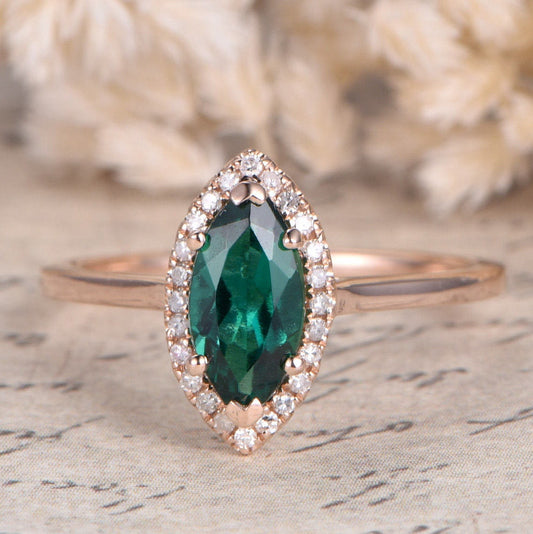 Bague de fiançailles en or rose massif 14 carats, anneau simple, bague de promesse pour femme, bague de mariage avec diamant, bague émeraude 5x10 mm, bague de fiançailles marquise