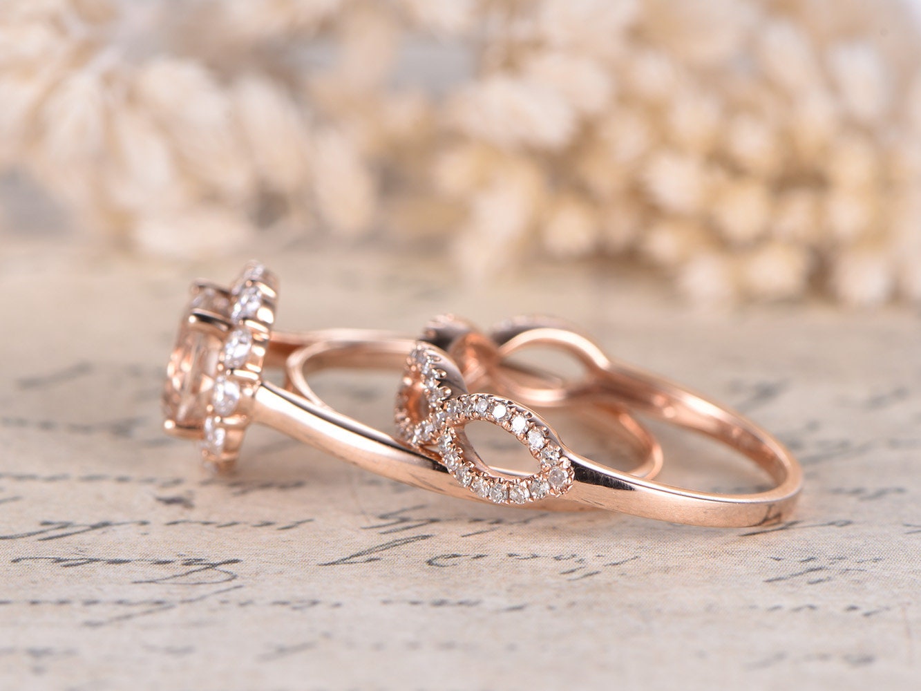 7mm-round-cut-morganite-engagement-ring-set-2pcs-14k-rose-gold-floral-halo-moissanite-diamond-twist-matching-band