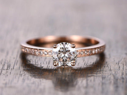 Bague en moissanite VVS taille ronde 6,5 mm, bague de fiançailles en moissanite, alliance en diamant, bague solitaire en moissanite en or rose 14 carats, bague de promesse