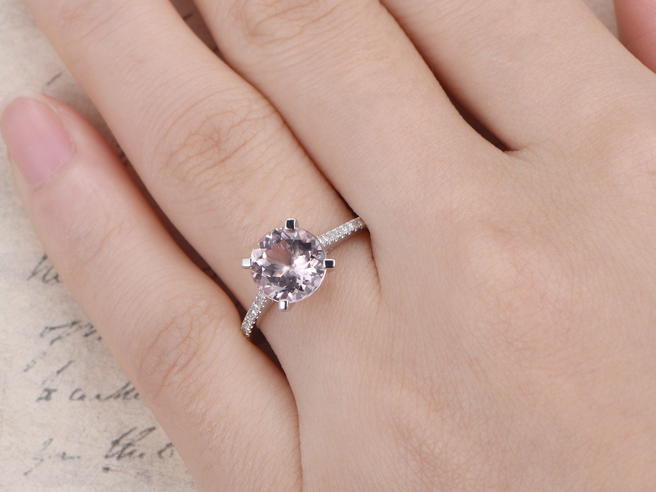 Bague de fiançailles en morganite, alliance en or blanc 14 carats, diamants, solitaire 8 mm, cadeau d'anniversaire pour femme.