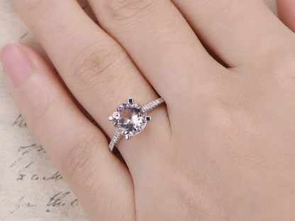 Bague de fiançailles en morganite, alliance en or blanc 14 carats, diamants, solitaire 8 mm, cadeau d'anniversaire pour femme.