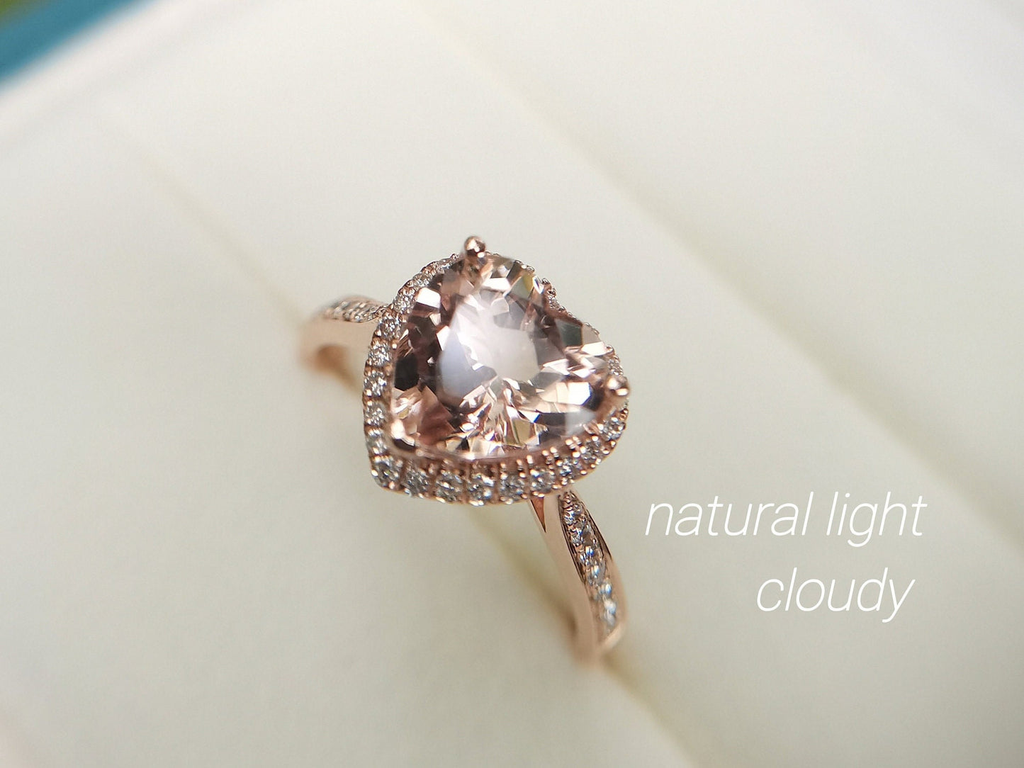 8mm Heart Cut Morganite Engagement Ring 14K Rose Gold Diamond Halo Half Eternity