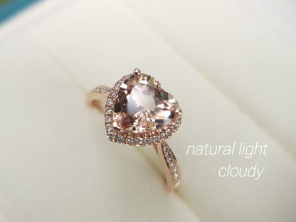 8mm Heart Cut Morganite Engagement Ring 14K Rose Gold Diamond Halo Half Eternity