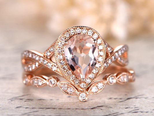 6x8mm Pear Cut Morganite Engagement Ring Set 2pcs 14K Rose Gold Split Shank Diamond Halo | Curved Art Deco Band