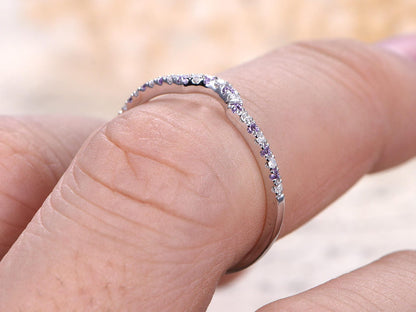 Curved Diamond And Amethyst Wedding Band Half Eternity 14K White Gold