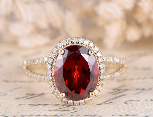8x10mm-oval-cut-garnet-engagement-ring-split-band-14k-rose-gold-diamond-halo-half-eternity