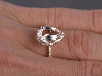 Bague de fiançailles vintage en morganite, or rose, forme poire, alliance ancienne avec halo de diamants, style Art déco, demi-alliance, bague d'anniversaire