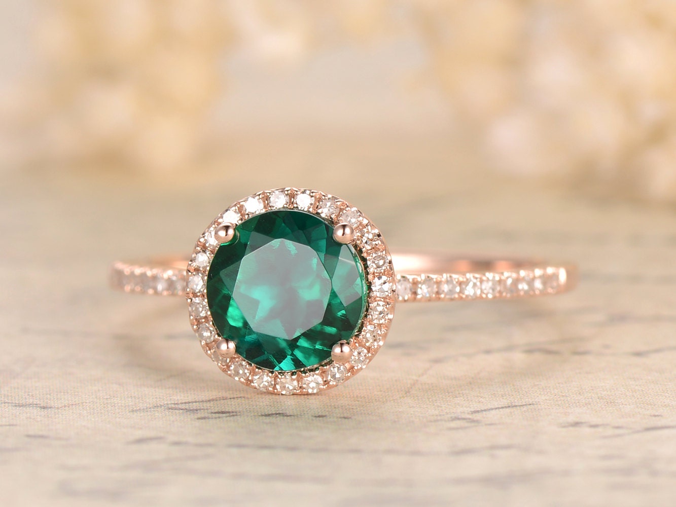 7mm Round Emerald Engagement Ring 14K Rose Gold Emerald Ring May Birthstone Ring Emerald Diamond Halo Ring