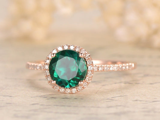 7mm Round Emerald Engagement Ring 14K Rose Gold Emerald Ring May Birthstone Ring Emerald Diamond Halo Ring