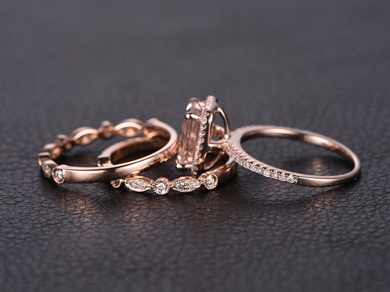 6x8mm-emerald-cut-morganite-engagement-ring-set-3pcs-14k-rose-gold-diamond-halo-two-art-deco-bands