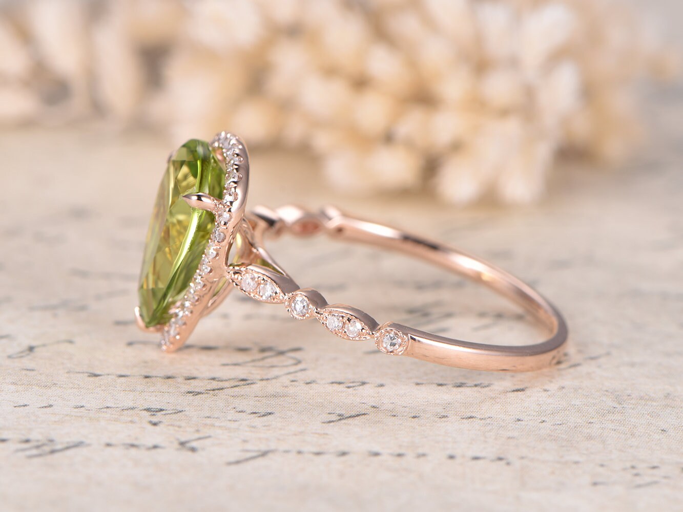 8x12mm Pear Cut Peridot Engagement Ring 14K Rose Gold Diamond Halo Art Deco Band