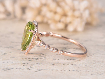 8x12mm Pear Cut Peridot Engagement Ring 14K Rose Gold Diamond Halo Art Deco Band