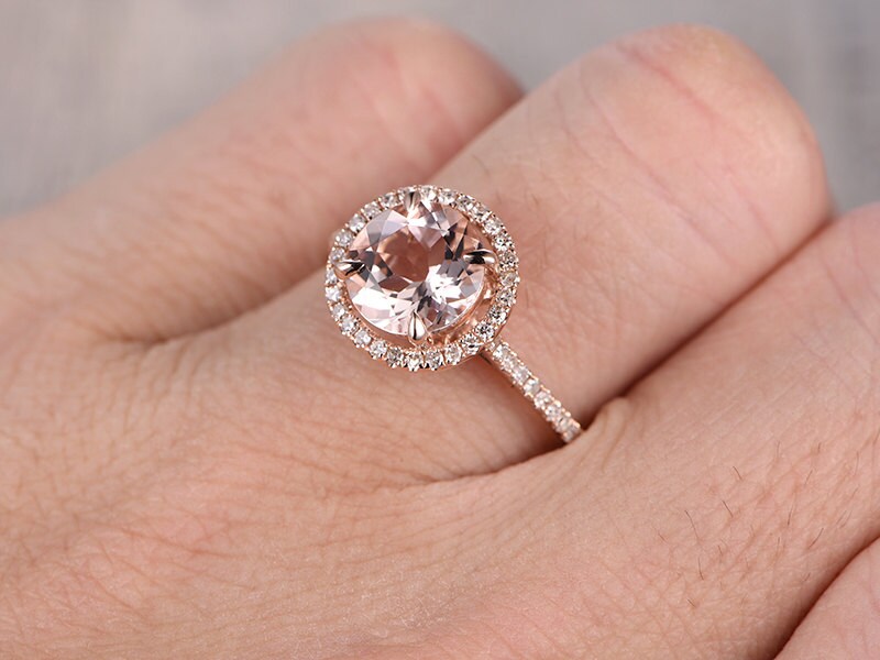 Bague de fiançailles vintage en or jaune avec morganite de 7 mm, bague halo de diamants pour femme, bague art déco, bague d'anniversaire unique, bague de mariée