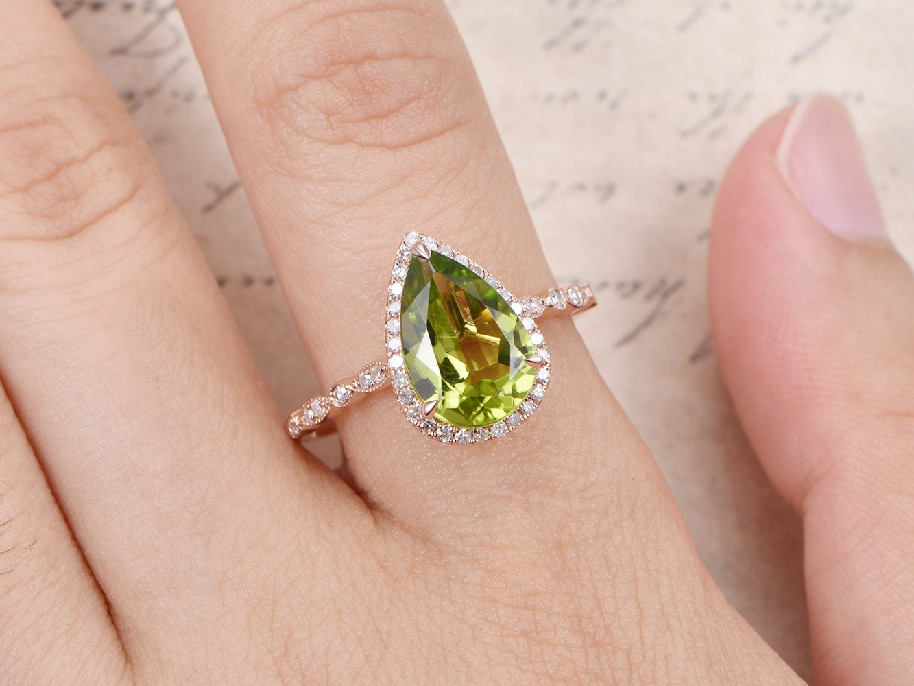 8x12mm Pear Cut Peridot Engagement Ring 14K Rose Gold Diamond Halo Art Deco Band