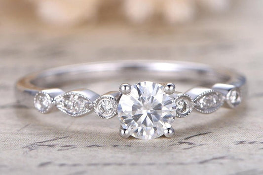 Bague de fiançailles en moissanite ronde de 5 mm, alliance en diamant, or blanc 14 carats, bague de mariage, bague de mariée, moissanite VVS, bague de promesse