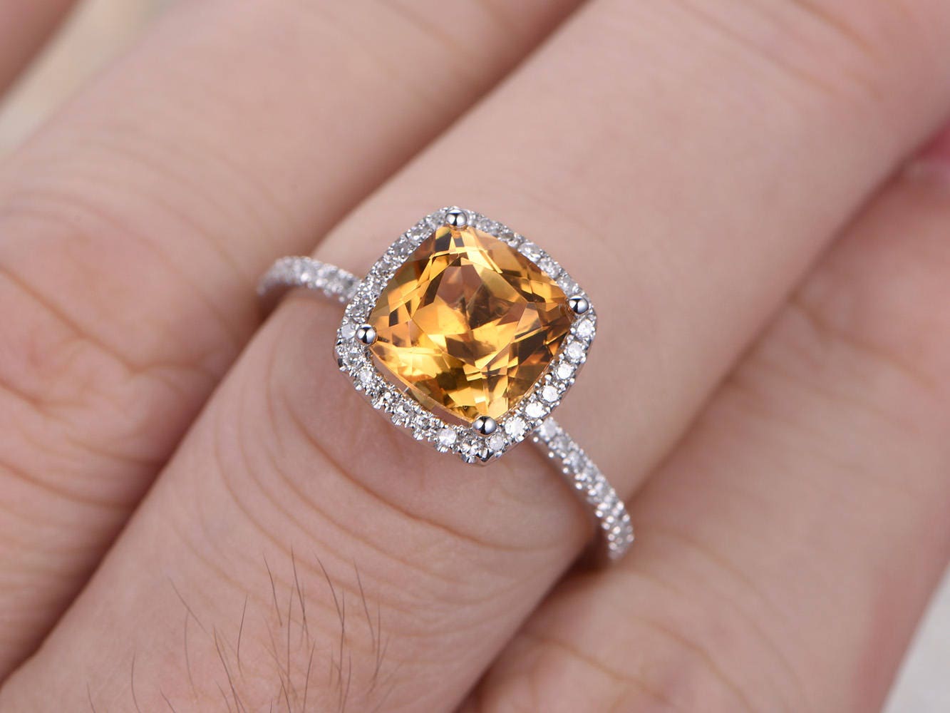 8mm Cushion Cut Citrine Engagement Ring 14K White Gold Diamond Halo Design Half Eternity