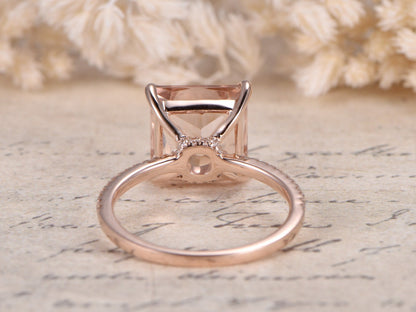 Bague en or rose 14 carats massif, sertie d'une morganite taille princesse de 9 mm, bague de fiançailles en morganite, bague solitaire en morganite, alliance pavée de diamants et morganite.