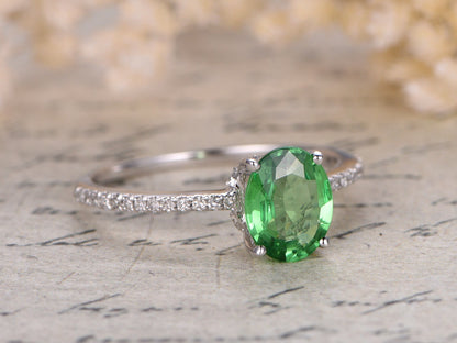 5x7mm Oval Cut Tsavorite Engagement Ring 14K White Gold Diamond Half Eternity Solitaire