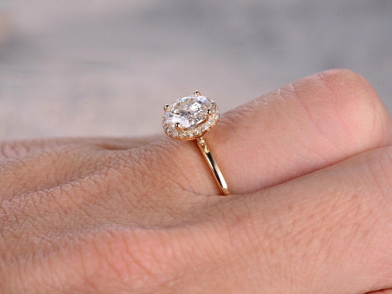 Bague en or jaune 14 carats avec moissanite taille ronde de 6,5 mm, bague de fiançailles en moissanite, bague de mariée, bague en diamant, alliance, bague pour femme