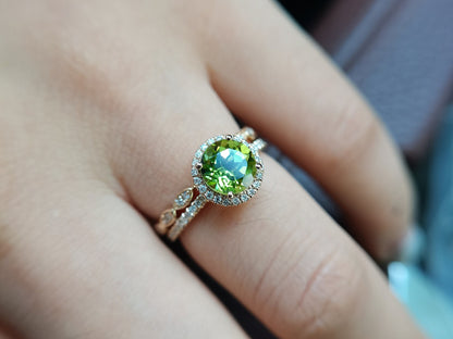 7mm Round Cut Peridot Engagement Ring Set 2pcs Diamond Halo | Diamond Art Deco Matching Band