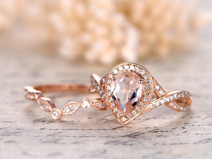 6x8mm Pear Cut Morganite Engagement Ring Set 2pcs 14K Rose Gold Split Shank Diamond Halo | Curved Art Deco Band