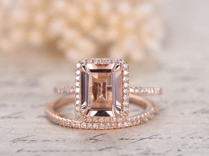 Bague en morganite taille émeraude 6x8 mm, ensemble de 2 alliances, alliance en diamant, ensemble de bagues de mariée en or jaune 14 carats