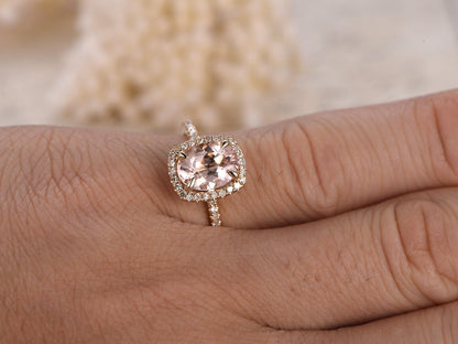 Bague de fiançailles en or jaune 14 carats avec morganite rose, bague de mariage avec diamants, pierre ovale 6x8mm, halo coussin, anneau pour femme