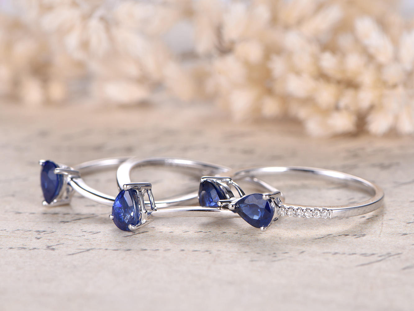 Bague de fiançailles en tanzanite naturelle VS, anneau simple en or blanc 14 carats massif. Ensemble de 4 bagues de fiançailles et bagues de promesse décoratives.
