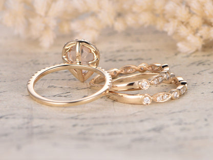 6x8mm Pear Cut Morganite Engagement Ring Set 3pcs 14K Yellow Gold Diamond Halo | Two Art Deco Matching Band