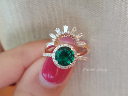 Bague de fiançailles en émeraude, bague en émeraude ronde de 7 mm, alliance VintageCrown en diamants, ensemble de 2 bagues en or rose 14 carats, bague d'anniversaire