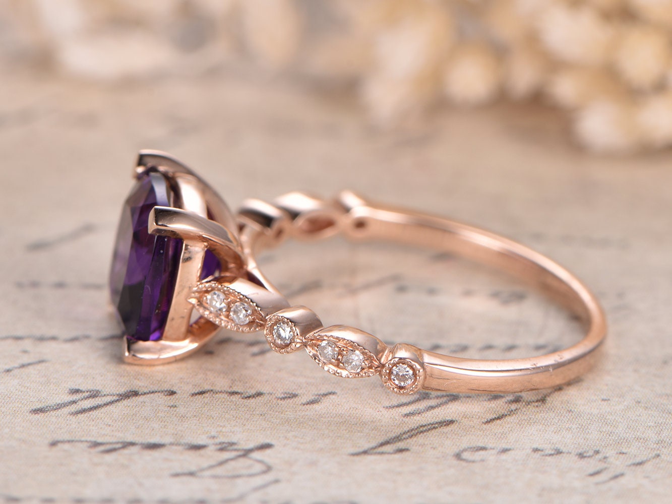 8mm Cushion Cut Amethyst Engagement Ring 14K Rose Gold Solitaire Art Deco Design