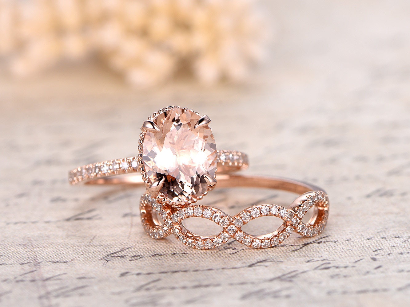 Bague de fiançailles en morganite ovale 9x11 mm, bague en morganite rose, alliance, anneau en or rose 14 carats serti de diamants, ensemble de 2 bagues, anneau fendu