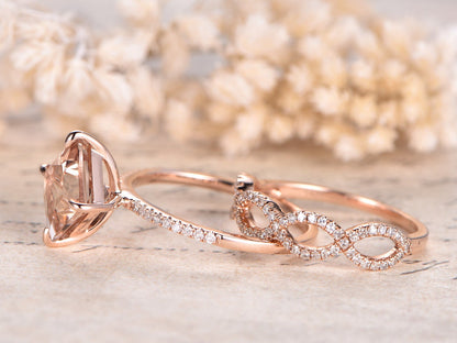Bague en morganite naturelle VS, or rose, diamants, alliance, anneau fendu, bague de fiançailles solitaire en morganite de 8 mm, demi-alliance.