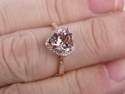 Bague de fiançailles en morganite en forme de cœur, pierre précieuse rose ronde de 8 mm, bague de promesse, alliance en or rose 14 carats avec diamants, pour femme