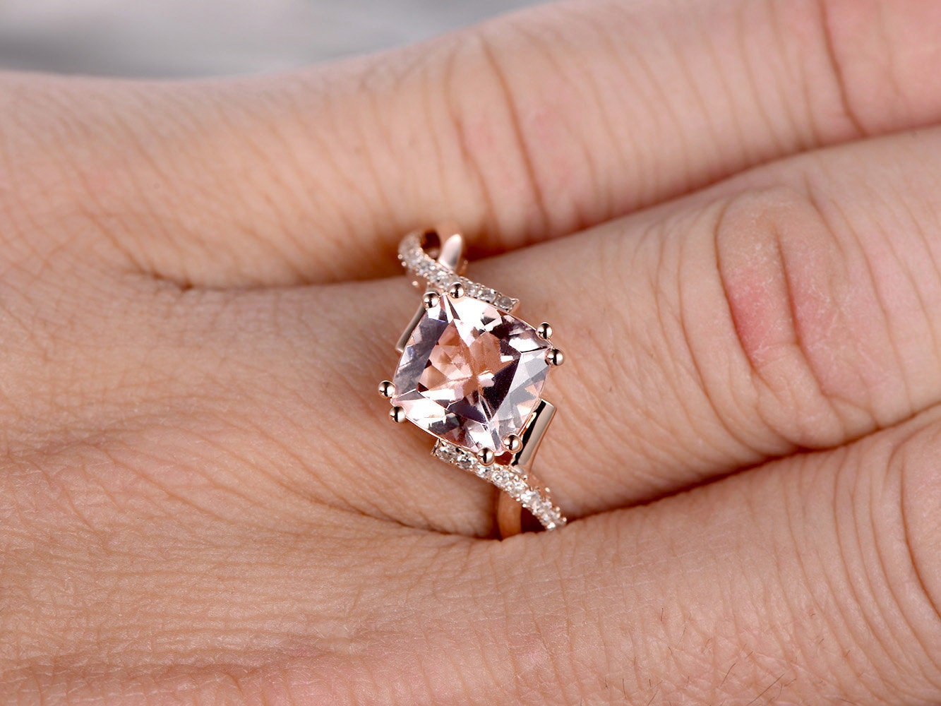 Bague en or rose 14 carats avec morganite rose de 8 mm, alliance torsadée à anneau fendu, bague de fiançailles avec morganite coussin et diamant naturel SI-H