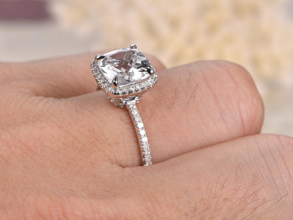 8mm Cushion Cut White Topaz Engagement Ring 14K White Gold Diamond Halo Design