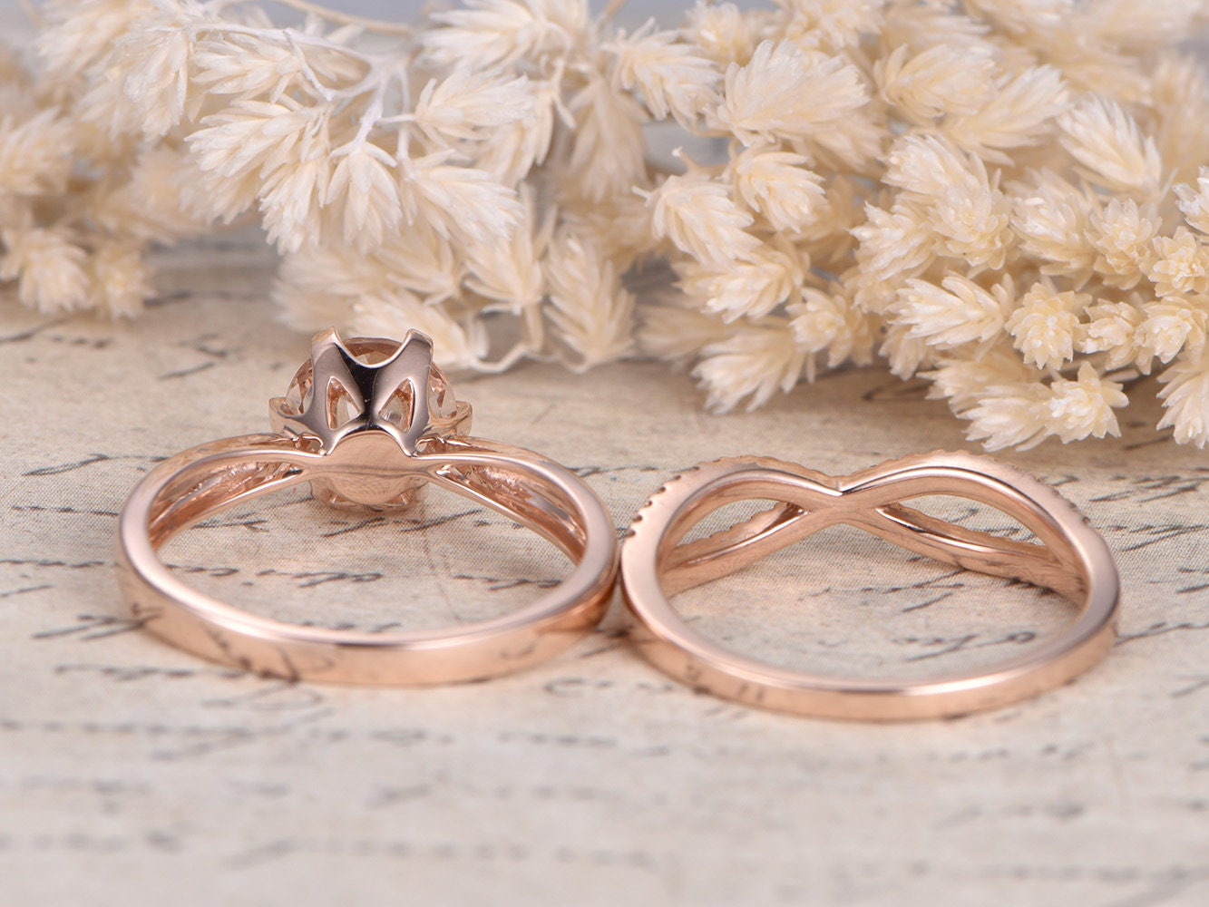 Bague de fiançailles en morganite rose, bague solitaire en morganite rose et or rose, alliance sertie de diamants, anneau fendu, bague à 6 griffes, anneau simple