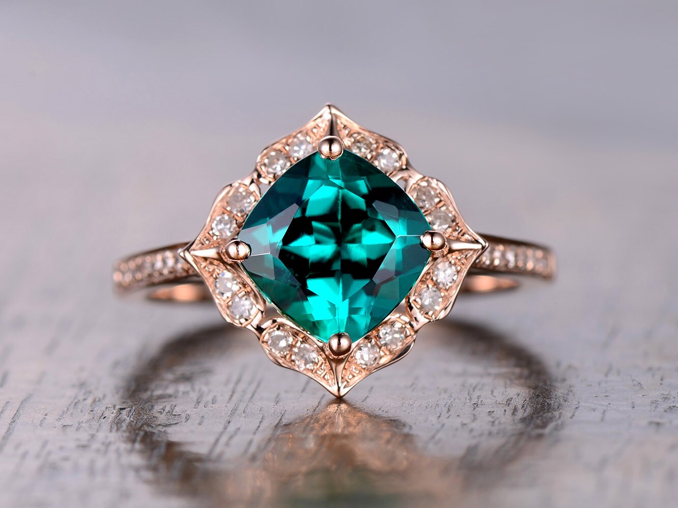 Bague de fiançailles émeraude, émeraude taille coussin 7 mm, alliance, pierre de naissance de mai, alliance pavée de diamants, or rose 14 carats