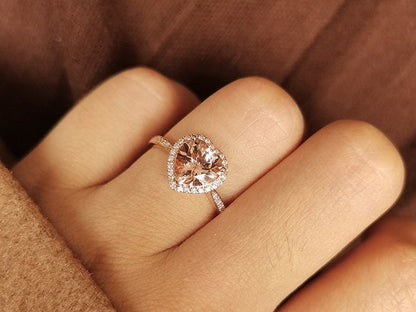 8mm Heart Cut Morganite Engagement Ring 14K Rose Gold Diamond Halo Half Eternity