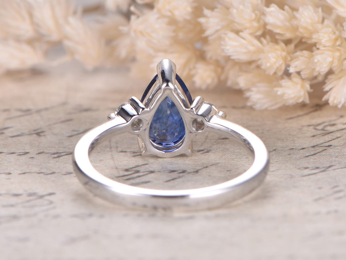 6x9mm Pear Cut Sapphire Engagement Ring 14K White Gold Three Stone Plain Band