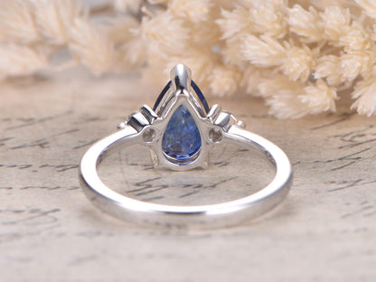 6x9mm Pear Cut Sapphire Engagement Ring 14K White Gold Three Stone Plain Band