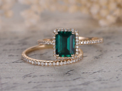6x8mm-emerald-cut-emerald-engagement-ring-set-2pcs-14k-yellow-gold-diamond-halo-half-eternity-thin-matching-band