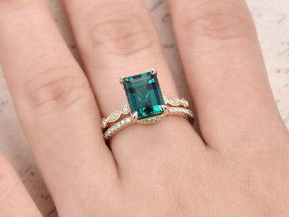 Bague de fiançailles en or jaune 14 carats avec émeraude, style Art déco, demi-alliance sertie de diamants (7 x 9 mm), bague de promesse avec émeraude taille émeraude.